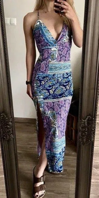 ZARA WOMAN PATCHWORK PRINT LINEN MAXI DRESS Twist Cross-BACK Size S High Slit - Image 13
