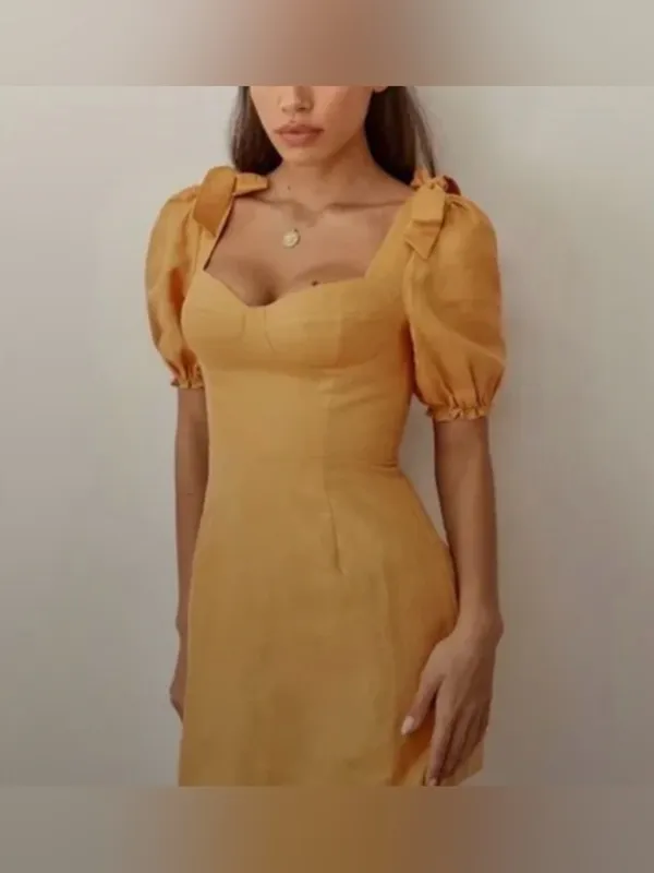 REFORMATION Yellow Ochre Spring Bow Sleeve Linen Mini Dress size 10 NWT - Image 3