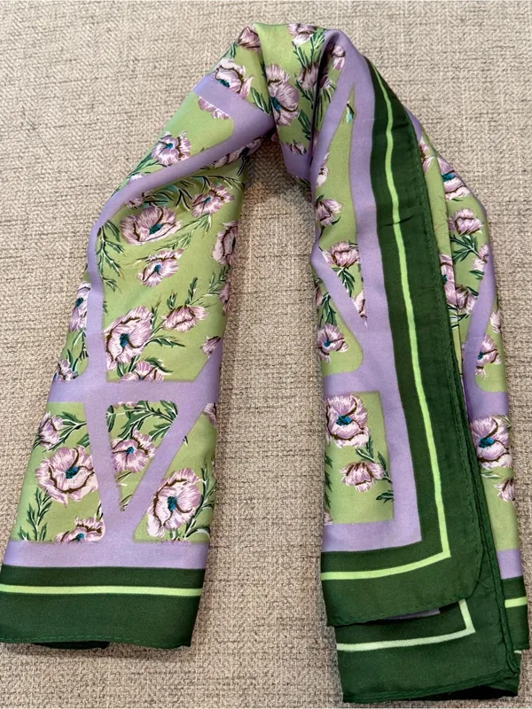 Floral satin like Scarf in Green & Lavender - Image 4