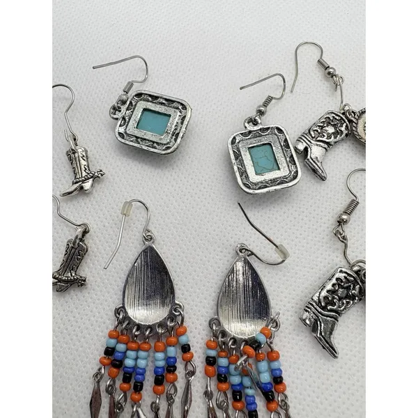 Southwest Western Earrings Lot‎ of 4 Silver Tone Turquoise Cowboy Fringe Dangle - Image 7