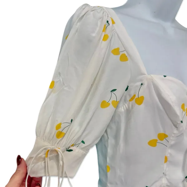 For Love & Lemons White Yellow Cherry Ashland Lace Up Mini Dress size XS NEW Tag - Image 10