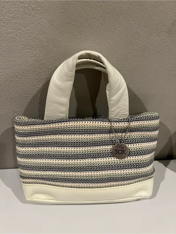 The Sak White Gray Seafoam Striped Crochet Tote Bag Leather Trim Mini Tote Purse - Image 13