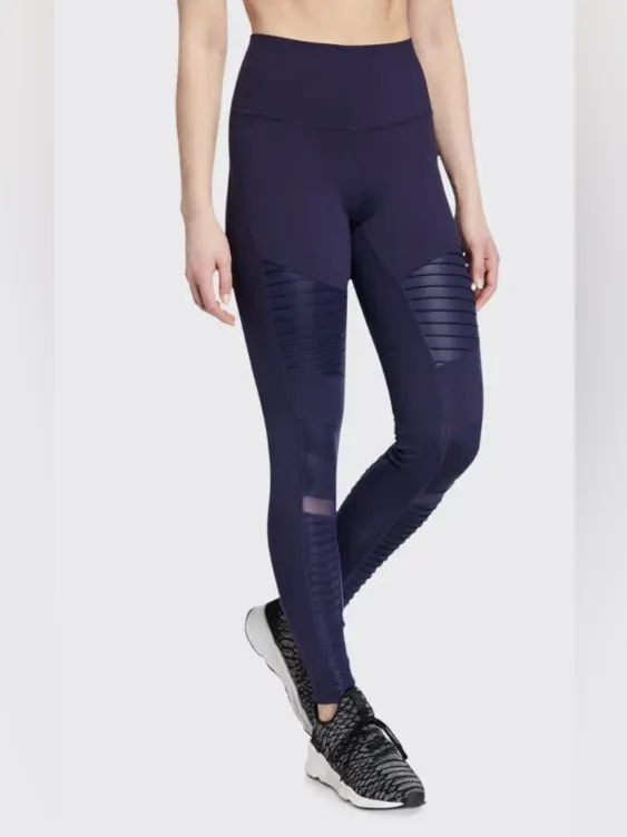 ALO navy moto leggings high waisted rise mesh ribbed y2k rich glossy - Image 3