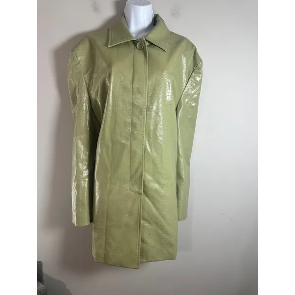 UNAULB Sage Green Crocodile Embossed Faux Leather Trench Coat Jacket Oversized - Image 2