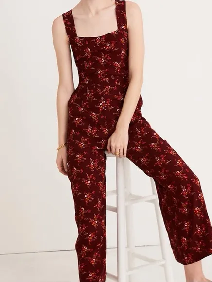 Madewell Apron Bowback Jumpsuit Red Floral Wide Leg Open Back Size 2 - Image 2