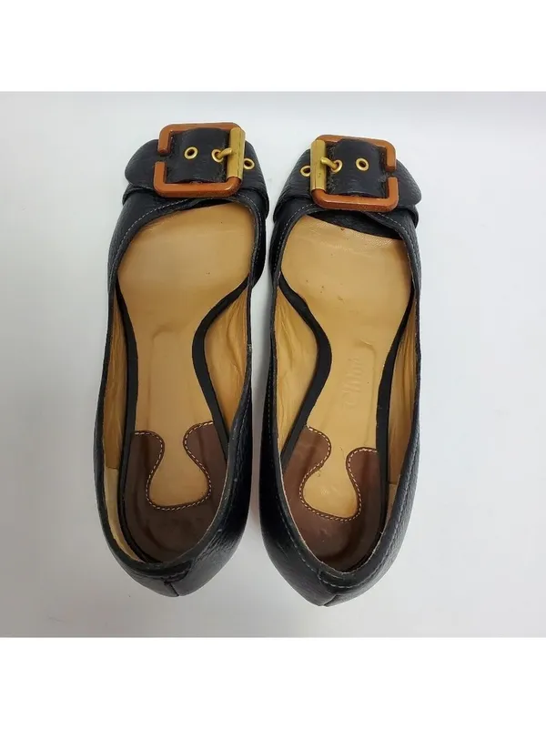 Chloe Leather Buckle Peep Toes Kitten Heels Slip On Pumps Size 37 Black - Image 7