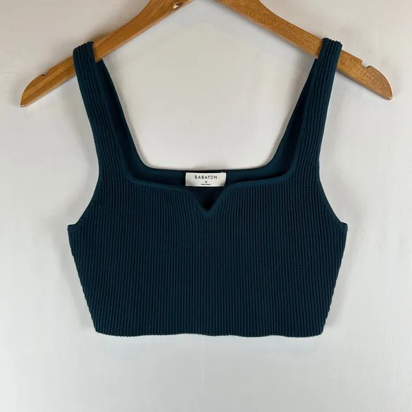 Babaton Sculpt Knit Notch Cropped Tank Top Teal Ribbed Square Neck Size M‎ - Image 2
