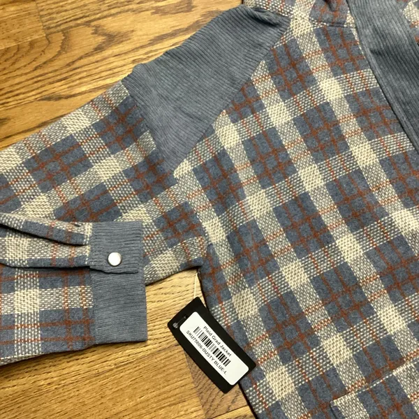 Hem and Thread Blue And Tan Plaid corduroy and twill shacket. Size Large - Image 2