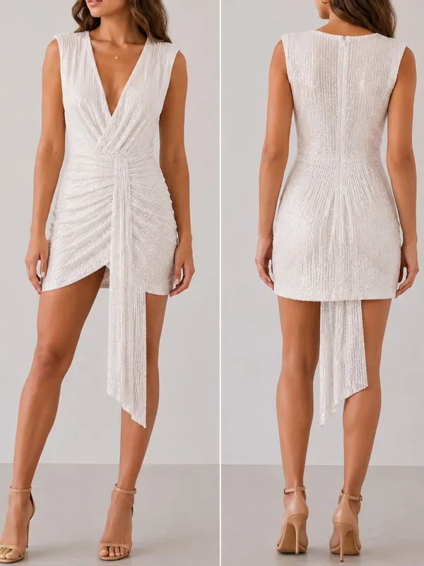 Peace + Love White Sequin Wrap Bridal Bachelorette Cocktail V-Neck Mini Dress - Image 11