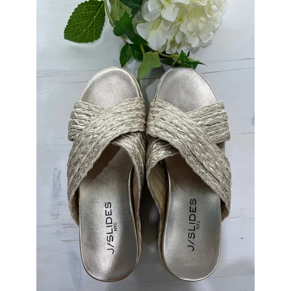 J/Slides NYC Gold‎ Woven Cross Strap Platform Wedge Sandals Gold Size 6 - Image 5