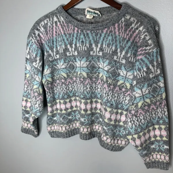 Vintage fair isle gray nordic thick sweater neutral pullover lodge medium chunky - Image 4