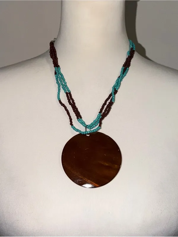 2000s vintage style whimsical bohemian brown & teal bedead necklace w earrings - Image 2