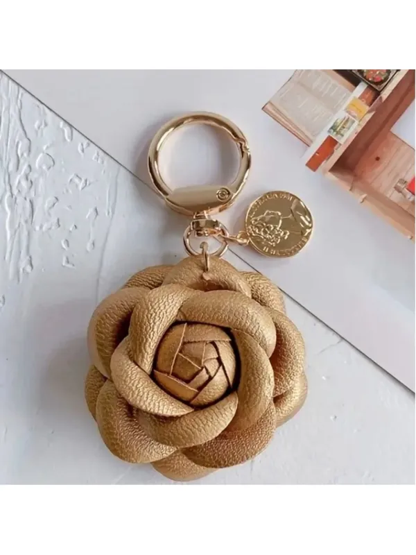 NEW Camellia Rose Bag Charm Keychain Khaki Tan Vegan Leather Floral Charm NWT - Image 2