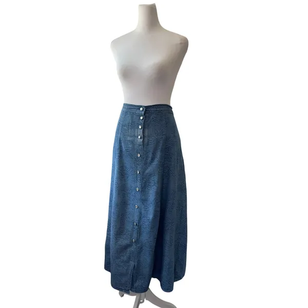 Blue Denim Floral Print Button Front A-Line Midi Skirt - Image 3