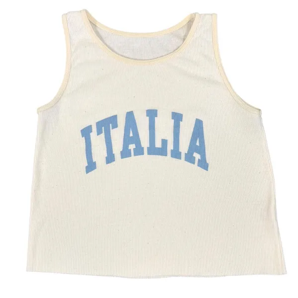 Italia Ribbed Crop Tank Top Womens One Size Cream Blue Graphic Made in Italy Y2K - Image 15