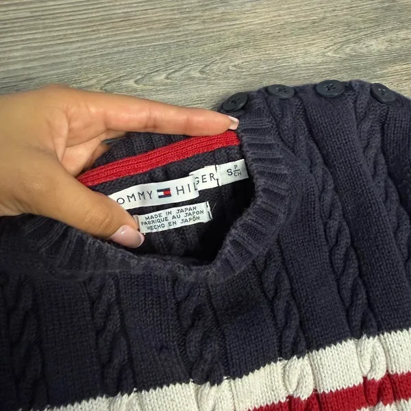 Vintage Tommy Hilfiger nautical fisherman cable knit sweater with red and white stripes at the hem and navy blue upper 100% cotton Made in Japan size small Has some minor yellowing spots as pictured barely noticeable on the hem and on the sleeves Ptp 15” Waist 13.5” Length 22” Inseam 19.25” Stretchy fabric #preppy #vintage #cableknit #fisherman #nautical - Image 4