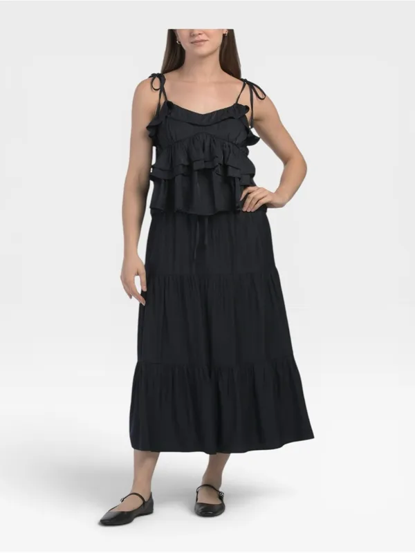 NWT LE LIS Navy Blue Satin Ruffle Crop Top Maxi Skirt 2 Piece Set Small - Image 2