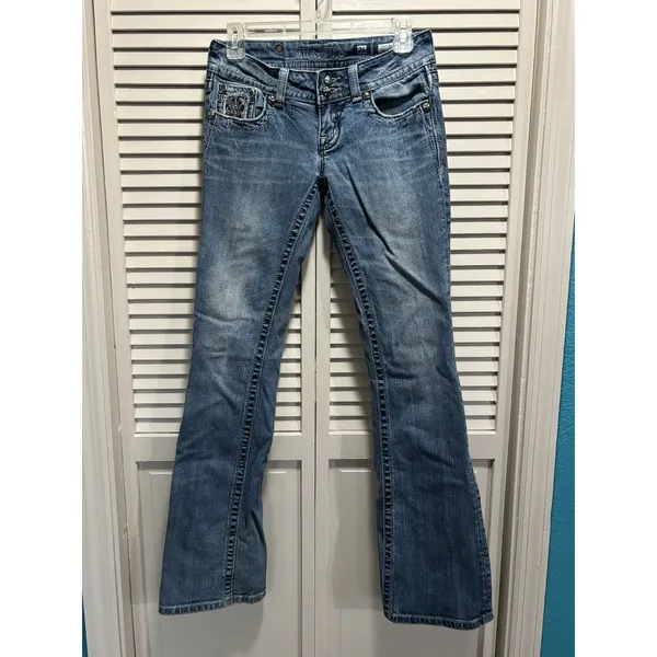 Miss Me Easy Boot Denim Jeans‎ Embroidered/Gems Med Wash Logo Size 26 Low Rise - Image 11