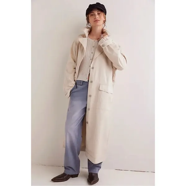 Free People Perry Military Duster Trench Coat in French Oat Grunge Denim Medium - Image 4