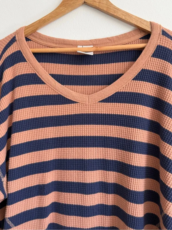 Aerie Wow Waffle Henley Long Sleeve Striped Top Size Medium Navy Tan Shirt - Image 3