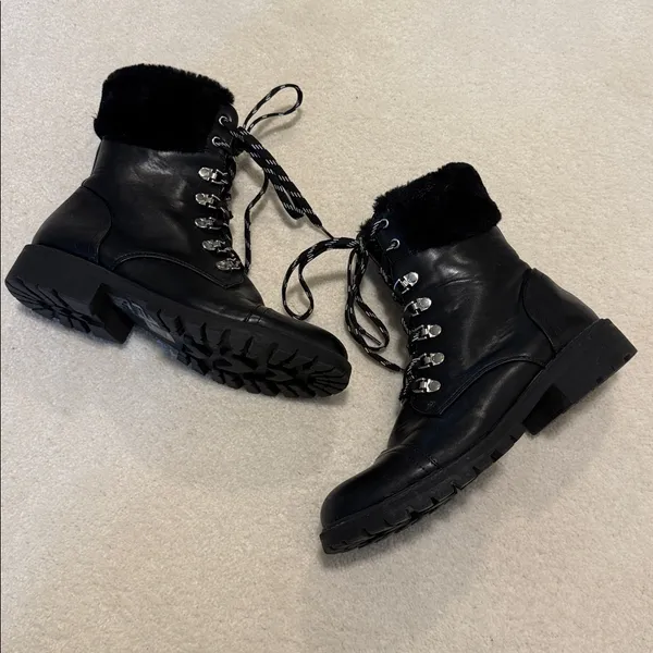 Black Fur Trim Combat Laced Boots - Image 3