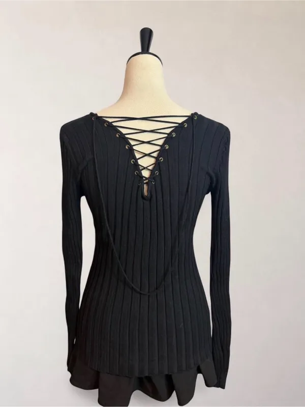 Black Lace Up Ribbed Long Sleeve Top Size L Y2K Whimsigoth Soft Goth - Image 5