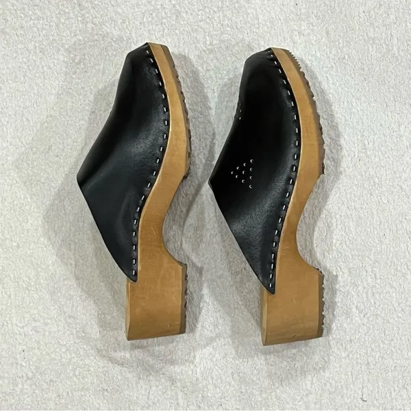 Marcus Black Leather Wooden Swedish Clogs Size 36 - Image 7