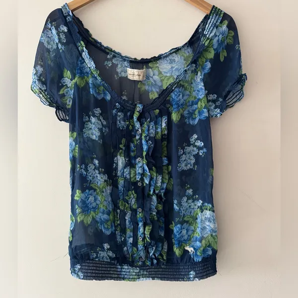 Abercrombie & Fitch Blue Floral Y2K Ruffle Babydoll‎ Top - Image 2
