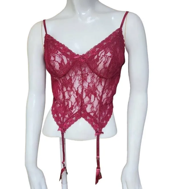 Frederick's of Hollywood Red Floral Lace Lingerie with Garter Clips (M) - Image 2