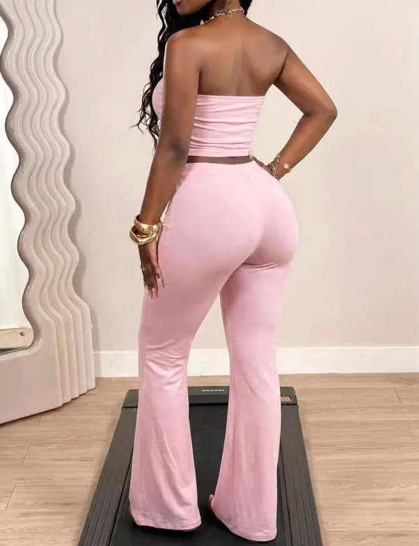 Y2K baddie baby pink bandeau crop top flare pants set - Image 2