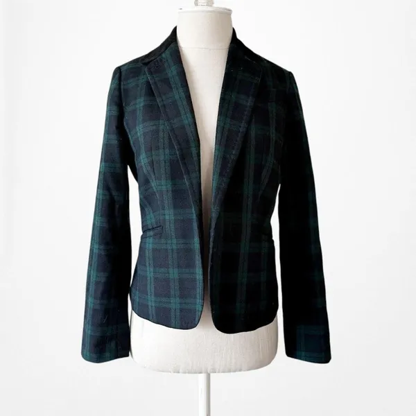 Vintage Y2K Blue Plaid Checkered Wool Blend Padded Shoulder Blazer Jacket Size S - Image 4