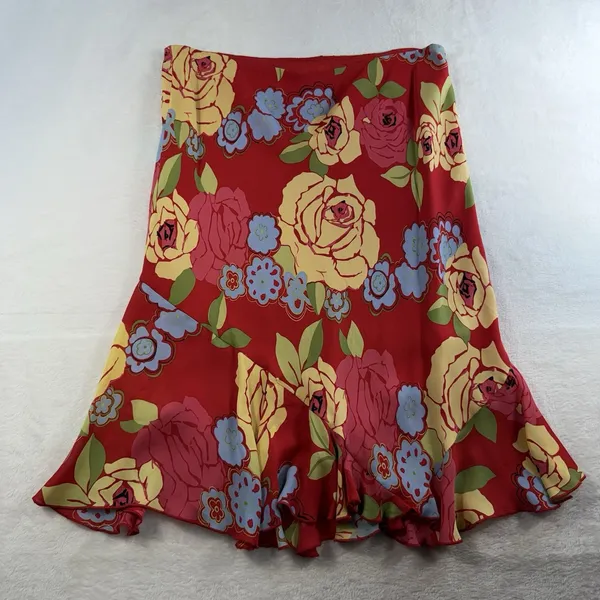 Vtg Harold’s Sz 14 Silk Skirt‎ Red Floral Ruffle Hem Pull On Bias Romantic Flowy - Image 9