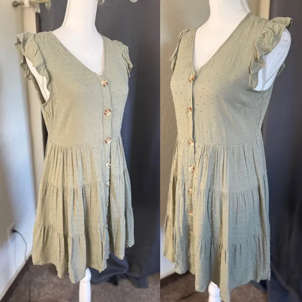 Altar'd State Light Olive‎ Swiss Dot Button Front Mini Dress Boho M nwt - Image 2
