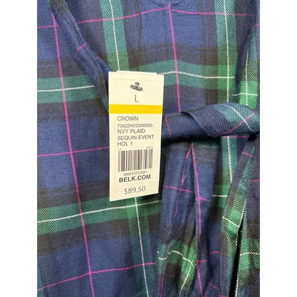 Crown & Ivy Navy‎ Plaid Tie Back Neck Dress Ruffle Size L Preppy Casual - Image 2