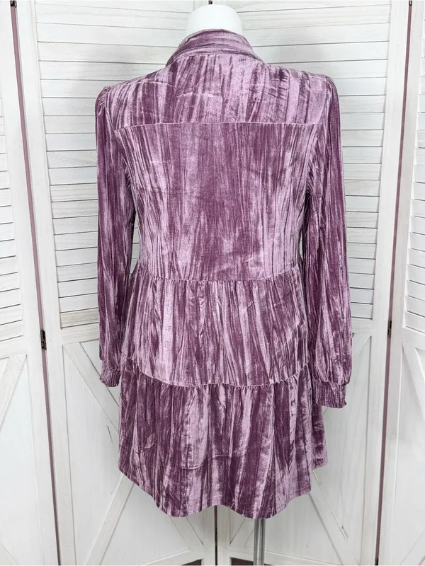Cato Crushed Velvet Tiered‎ Babydoll Shirt Dress Mauve Purple XL Boho Cottage - Image 5