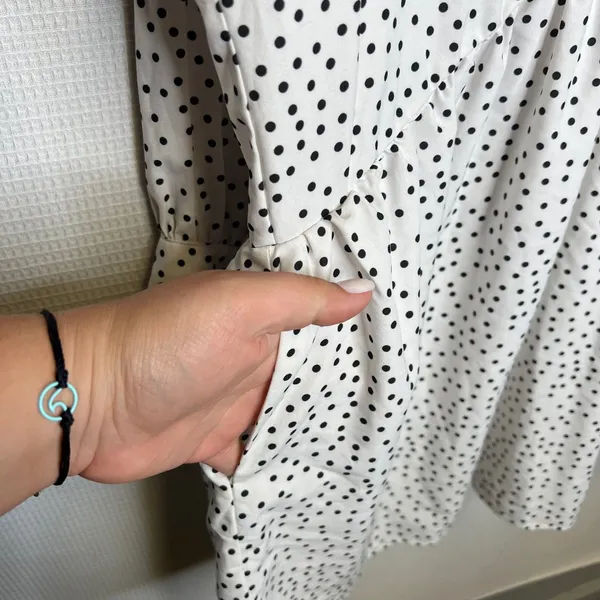 Zara Basic Polka Dot Babydoll Tunic Dress White Black Long Sleeve Pockets M - Image 6