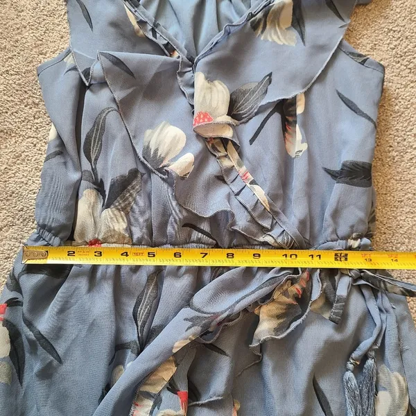 Hint of Blush Long Maxi Flutter Dress Size Large Magnolia Floral Blue High Low - Image 15
