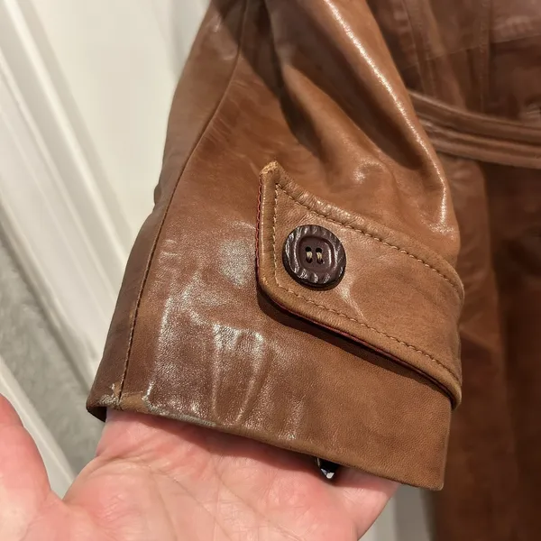 Vintage Skin Gear Brown Napa Leather Trench Coat Long Belted Button Front Medium - Image 3
