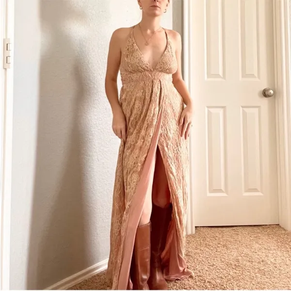 Lulus Stolen Moments Elegant Lace Maxi Dress in Nude - Image 6