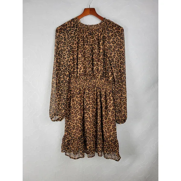 Old Navy Womens Dress Size S Tall Brown Chiffon Leopard Print V-neck Smocked NEW - Image 13