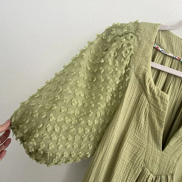 NEW Umgee Olive Green Swiss Dot Mini Dress Puff Sleeve MEDIUM Boho - Image 9