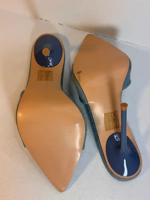 Pretty Little Thing Denim Heel Mule Sandals casual classic summer party style - Image 7