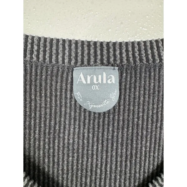 Arula Womens OX Charcoal Gray Striped Ribbed Knit‎ V-Neck Oversized Sweater Top - Image 3