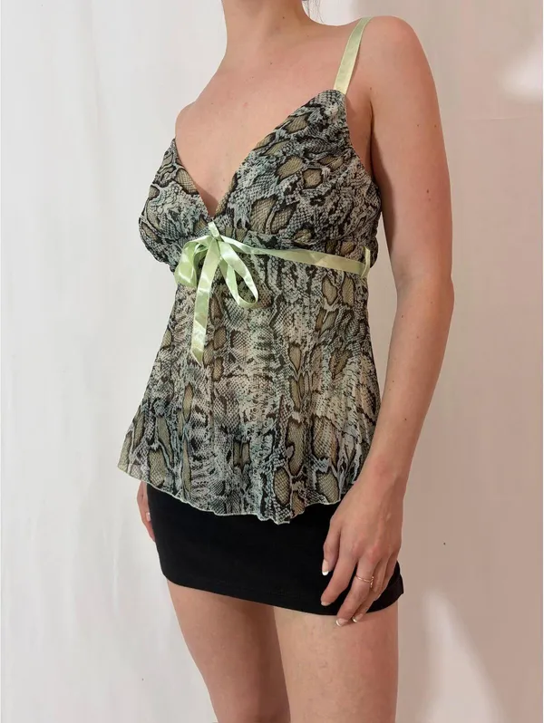 Green Snakeskin Print Mesh Sheer Fairy Y2K Festival Cami - Image 5