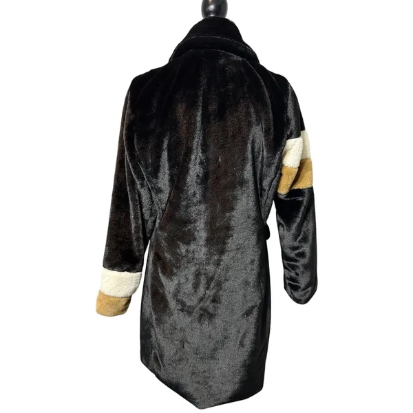 Faux Fur Coat Collared Button Close Women's Medium Black/Camel/Ivory MobWife NEW - Image 2