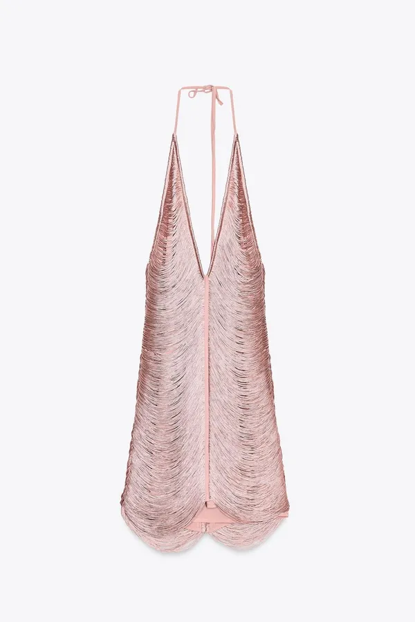 Zara Sleeveless Pink Halter Fringe Bodycon Mini Evening Dress - Image 10