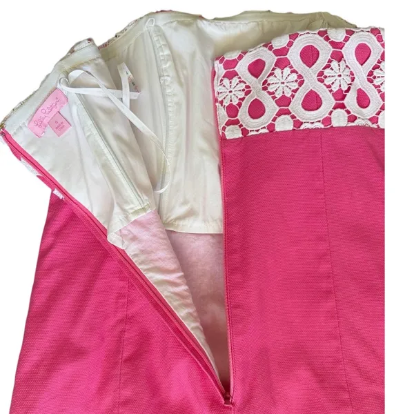 Lilly Pulitzer Textured Pink Cotton & White Lace Strapless Shift Dress Resort - Image 4
