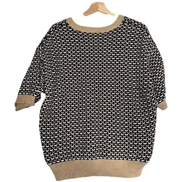 VTG Ann Taylor Factory Sweater Womens Sz XLHoliday Black Tan Short Sleeve Top - Image 2