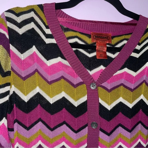 Missoni XS Cardigan Purple Green Chevron Woven Knit Ribbed Long Sleeve Button - Image 2