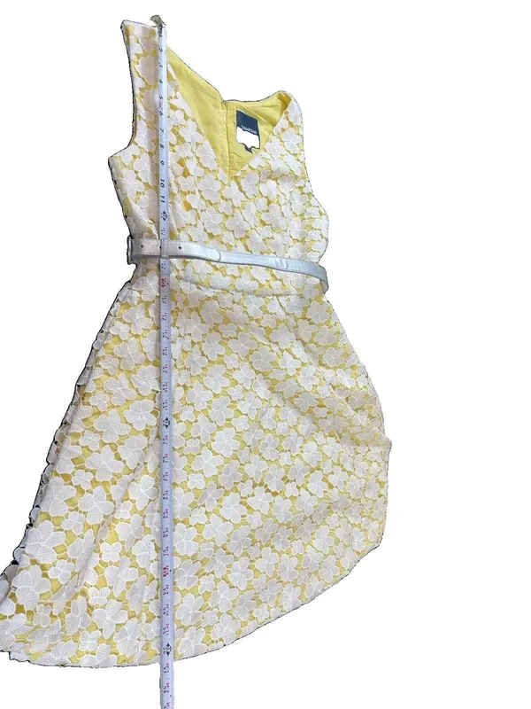 ModCloth 1960s Inspired Floral Lace Fit & Flare Dress Yellow White Belted L - Image 8